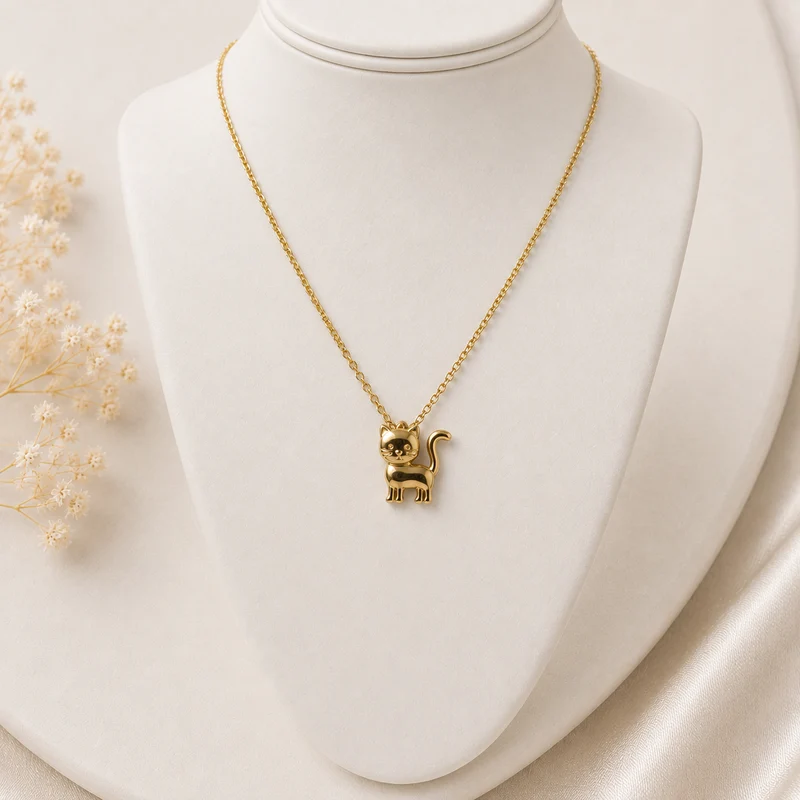 Collar de Acero Inoxidable Dorado con Gatito