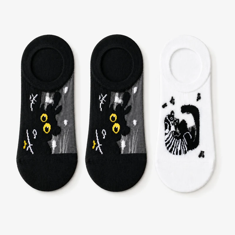 Pack 3 calcetines invisibles gatos. Dos Negros y uno Blanco