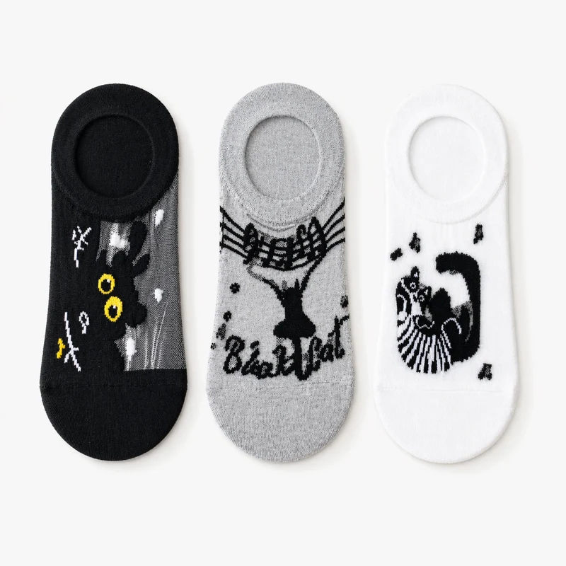 Pack 3 calcetines invisibles gatos. Negro, Gris y Blanco