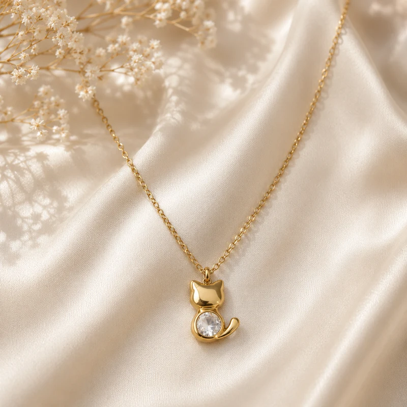 Collar Acero inoxidable Dorado Gatito con Circonita