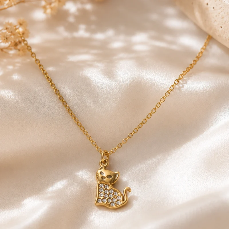 Collar Acero inoxidable Dorado Gatito con Circonitas