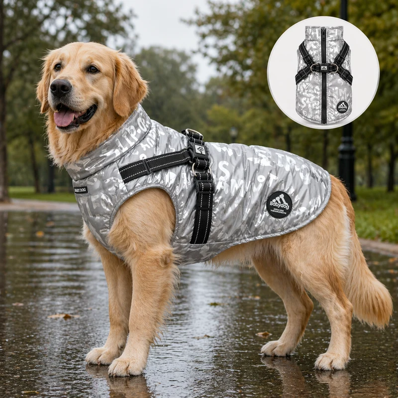 Chubasquero para perro impermeable con arnés integrado. Color plata