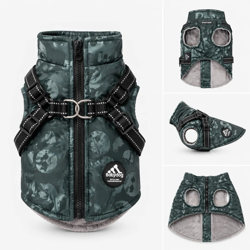 Chubasquero para perro impermeable con arnés integrado. Color verde camuflaje