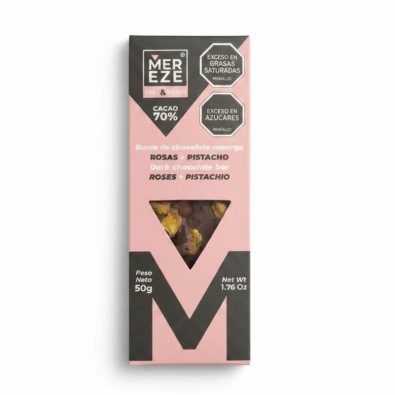 Chocolate amargo rosas y pistacho 50g