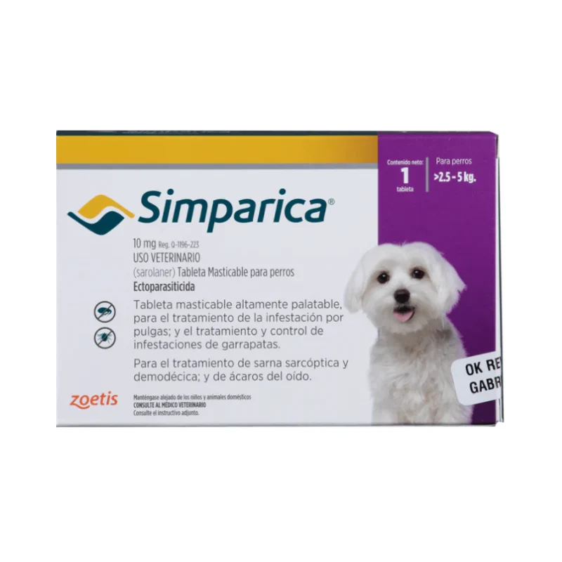 Antiparasitario Externo para perro Simparica 10 Mg (2.5 a 5 kg) Caja 1 Tableta