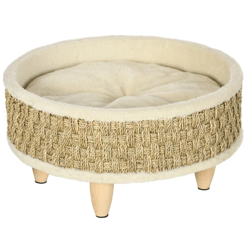 Pawhut Cama Elevada Para Perros Miniaturas Con Cojín Lavable Ø48x24,5 Cm Beige