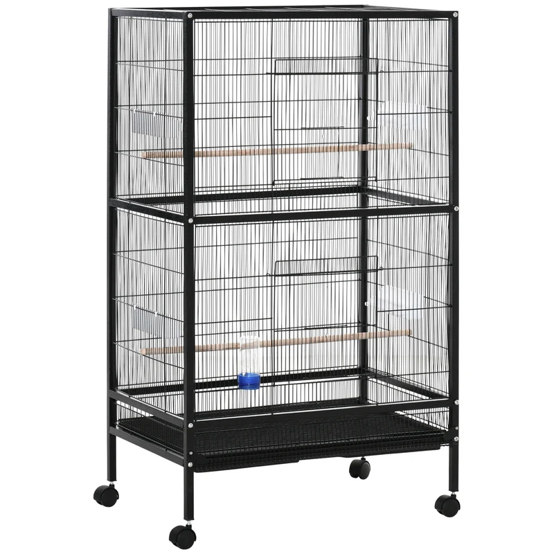 Pawhut Jaula Para Pájaros Con 4 Ruedas Con Comederos Y Bandeja 79x52x137cm Negro