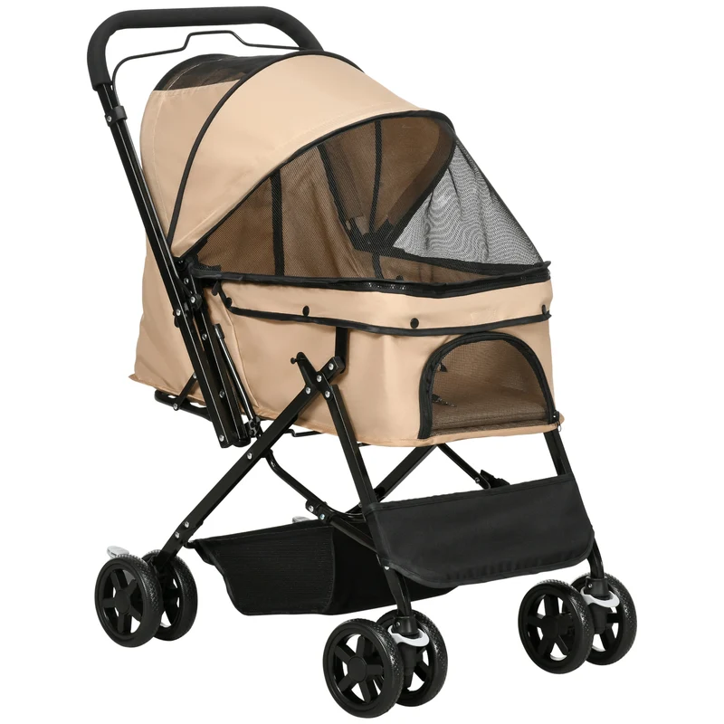 Pawhut Cochecito Para Mascotas Plegable Con Mango Reversible 76,5x52x95cm Marrón