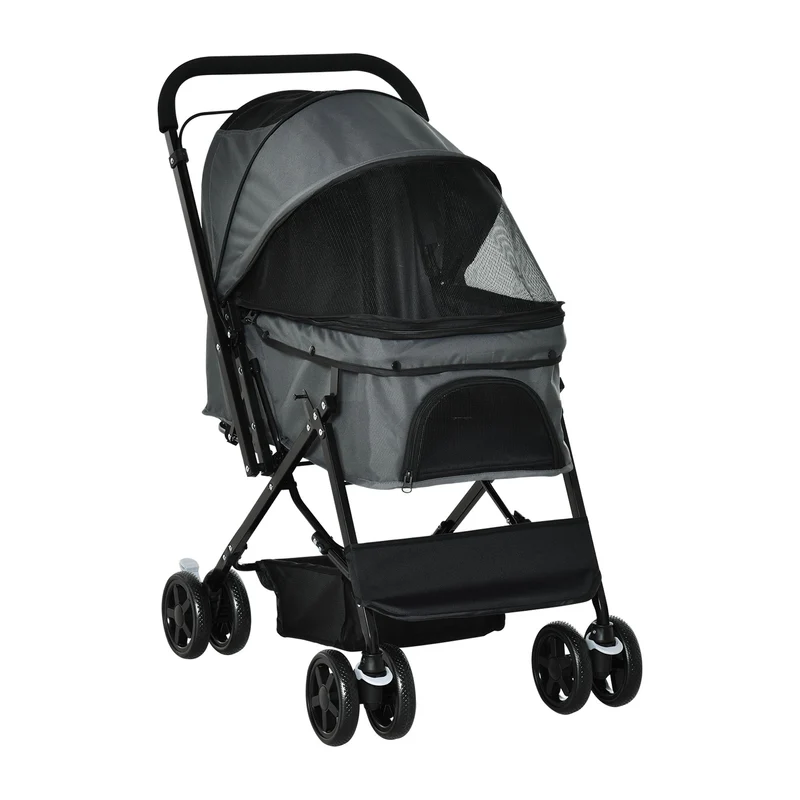Pawhut Cochecito Para Mascotas Plegable Con Toldo Ajustable 76,5x52x95 Cm Gris