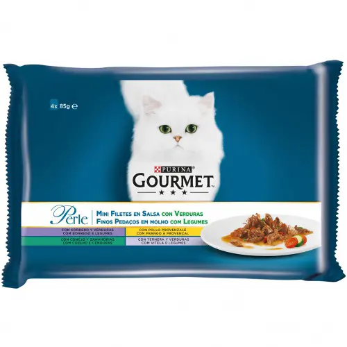Purina Gourmet Perle Laminas Legumbres Cordero Caja 12X4X85Gr, comida húmeda para gatos
