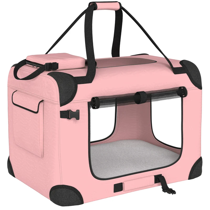 Pawhut Transportín Perro Gato Plegable 60x41,5x41 Cm Con Puertas Cojín Rosa