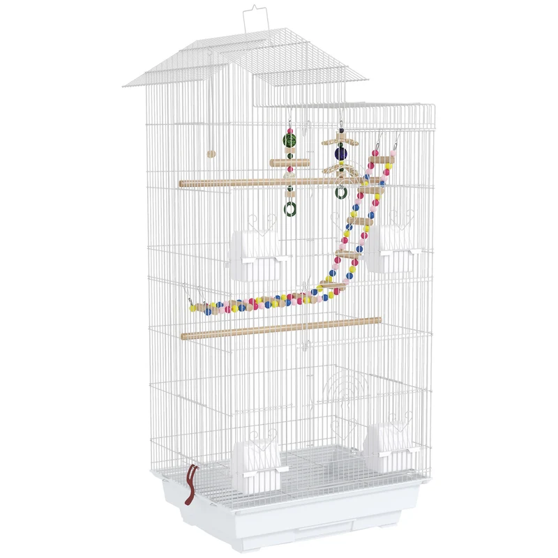 Pawhut Jaula Para Pájaros Con Puertas 4 Comederos Columpio 46x36x100 Cm Blanco