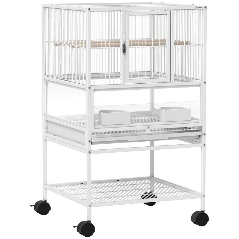 Pawhut Jaula Para Pájaros Con Ruedas Paneles Acrílicos 48x46x83 Cm Blanco
