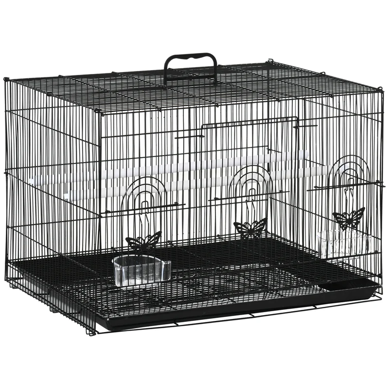 Pawhut Jaula Para Pájaros De Metal 60x41x41 Cm Con Comederos Y 2 Perchas Negro