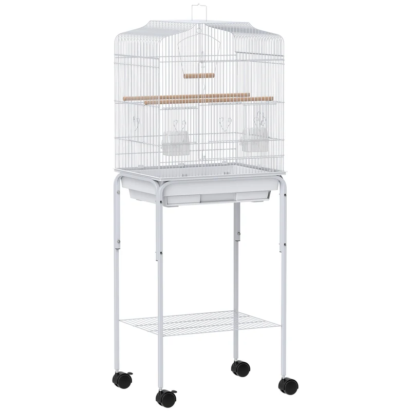 Pawhut Jaula Para Pájaros Con Ruedas Estante Comederos 46,5x36x124 Cm Blanco