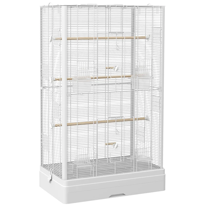 Pawhut Jaula Para Pájaros 61x36,5x98 Cm Con Puertas Perchas Bandeja Blanco