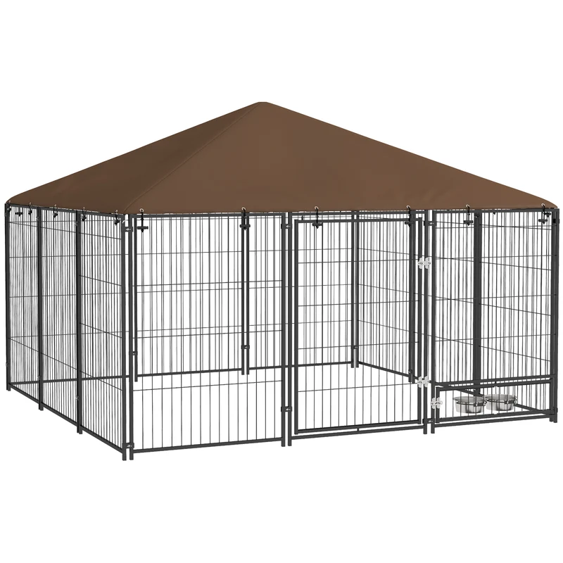 Pawhut Perrera Con Toldo Y 2 Cuencos Para Exterior 211x211x151 Cm Negro Y Café