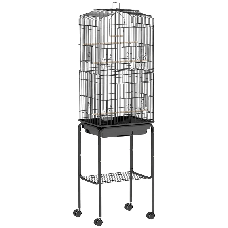 Pawhut Jaula Para Pájaros Con Soporte 4 Ruedas Y Comederos 46,5x36x157 Cm Negro