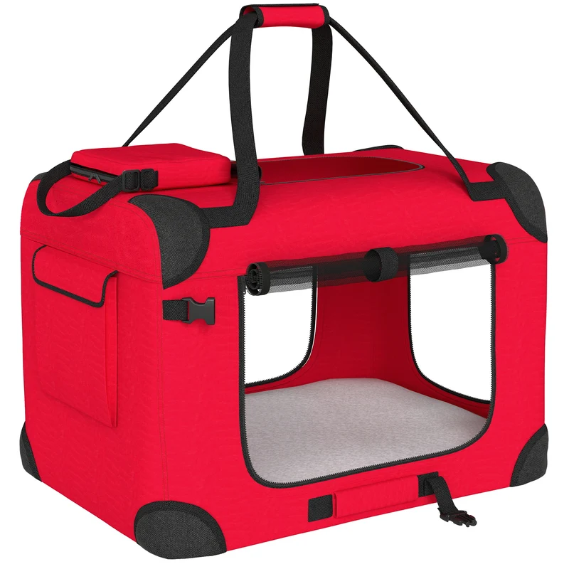 Pawhut Transportín Perro Gato Plegable 60x41,5x41 Cm Con Puertas Cojín Rojo