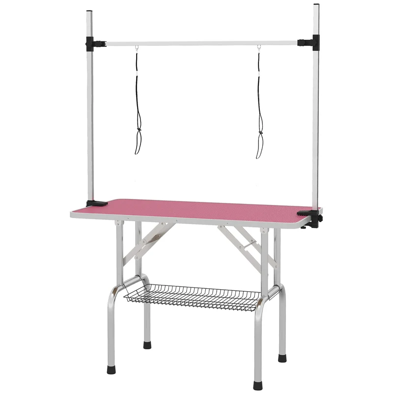 Pawhut Mesa De Peluquería Canina Plegable Con Cesta Metálica 107x60x164 Cm Rosa