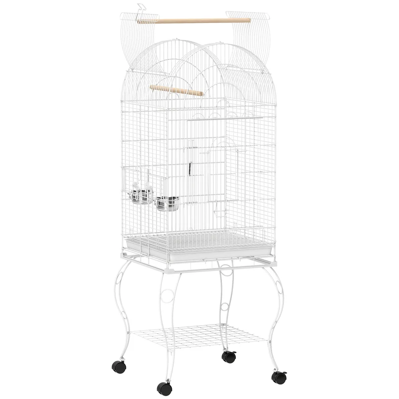 Pawhut Jaula Para Pájaros Con Ruedas Y Estante 2 Comederos 51x51x153 Cm Blanco