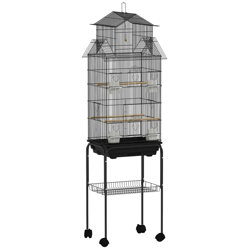 Pawhut Jaula Para Pájaros Con Ruedas Comederos Perchas 50,5x41x163 Cm Negro