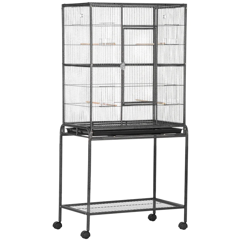 Pawhut Jaula Para Pájaros Con 4 Comederos Ruedas 81x48x162,5 Cm Negro Y Gris