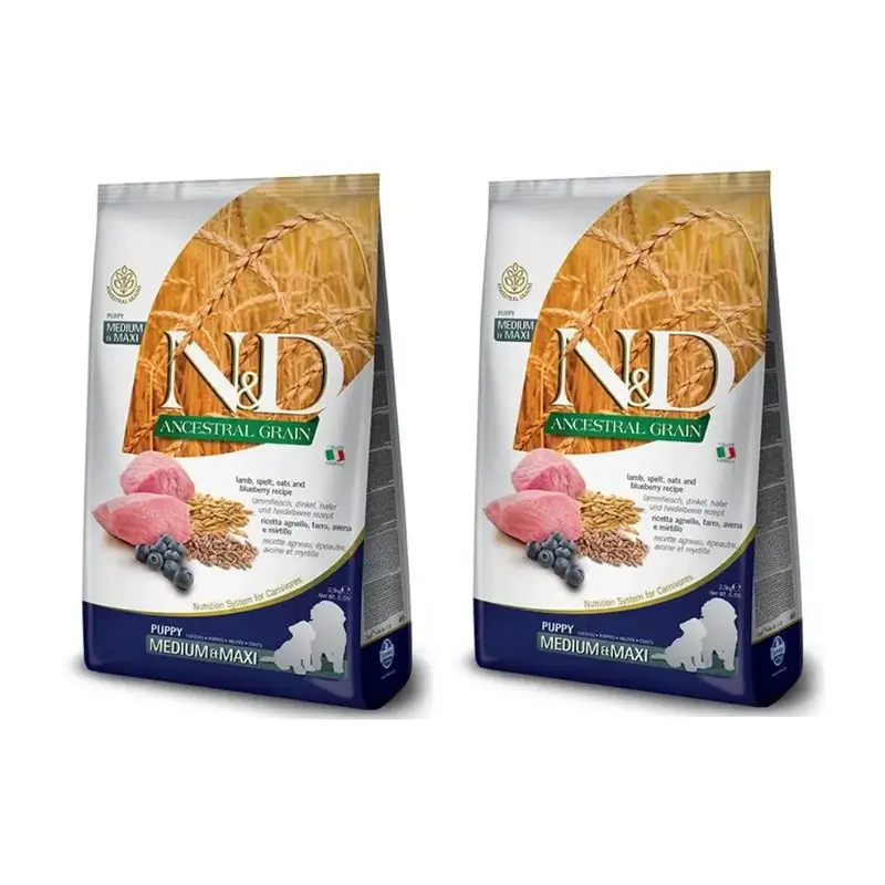 Farmina N&D Dog Puppy Ancestral Medium Maxi Lamb 12Kg, Ração para Cachorros, Embalagem de 2